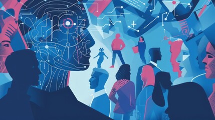 Poster - A drawing of a man's head with a computer chip in it and a group of people in the background