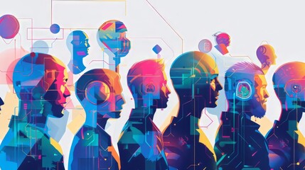 Poster - A group of people are depicted in a colorful, abstract style. Concept of unity and diversity, as each person is represented by a unique and colorful face. Scene is one of creativity and imagination