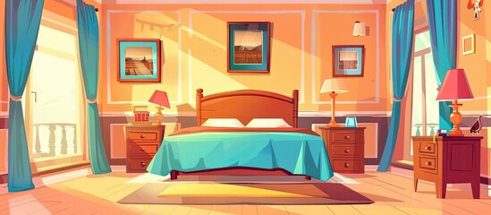 Wall Mural - An artfully designed bedroom in a building with furniture like a bed, nightstands, lamps, and curtains. The orange color scheme adds warmth to the interior design, making it a cozy space for leisure