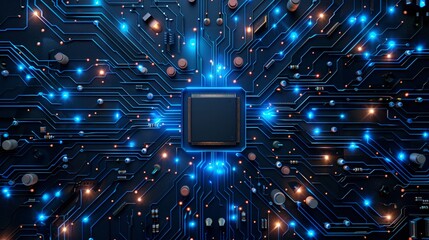 blue circuit board background with chip and electronic elements on black, high tech vector illustration.