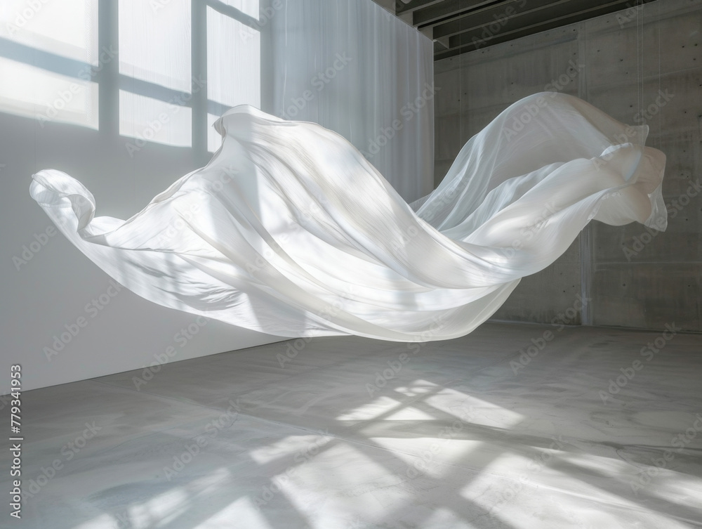 Abstract art installation with floating fabrics and light projections ...