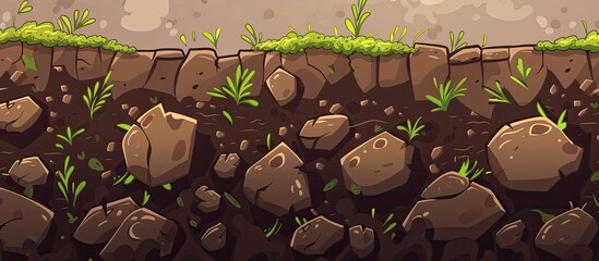 Sticker - An artistic rendering of a rocky landscape featuring terrestrial plants such as grass and shrubs. The scene is tranquil and natural, with no buildings or events