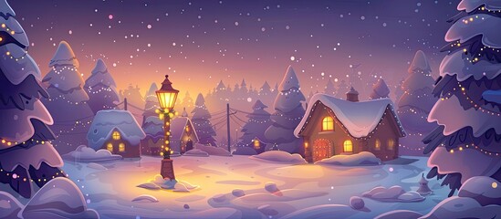 Wall Mural - A picturesque cartoon illustration of a snowy village at night, with buildings and trees covered in snow under a starry sky. The frozen atmosphere gives a magical feel to the natural landscape