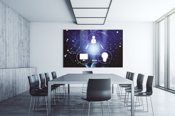 Aufkleber - Social network icons concept on presentation tv screen in a modern meeting room. Marketing and promotion concept. 3D Rendering