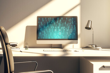 Poster - Creative abstract binary code hologram on modern computer monitor, AI and machine learning concept. 3D Rendering