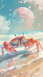 A crab scuttling along a sunny shore, Summer theme, 2D illustration, isolate on soft color