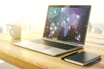 Poster - Modern computer screen with social network icons concept and world map. Networking concept. 3D Rendering