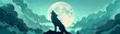 A wolf howling under the summer moon, Summer theme, 2D illustration, isolate on soft color