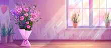 A Room Adorned With A Vase Of Pink And Violet Flowers And Houseplants In Flowerpots In Front Of A Window, Creating A Serene Atmosphere