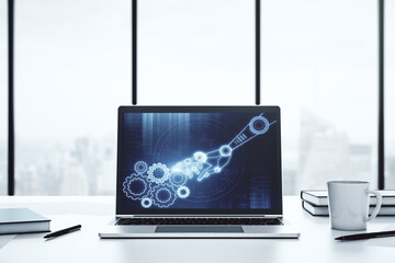 Aufkleber - Creative concept of robotics technology on modern laptop screen. Robot development and automation concept. 3D Rendering