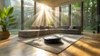 Autonomous robotic vacuum cleaner working on a carpet in a luxurious living room with morning sunlight streaming through large windows.