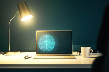 Poster - Creative artificial Intelligence concept with human brain sketch on modern laptop monitor. 3D Rendering