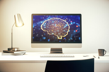 Poster - Modern computer display with creative human brain microcircuit. Future technology and AI concept. 3D Rendering