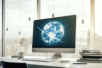 Poster - Social network media concept with world map on modern computer monitor. 3D Rendering