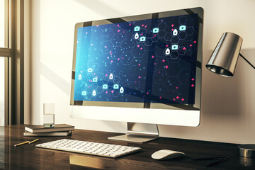 Poster - Modern computer monitor with creative abstract medical hologram. Healthcare technolody concept. 3D Rendering