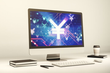 Wall Mural - Modern computer monitor with creative Japanese Yen symbol hologram. Banking and investing concept. 3D Rendering