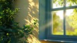 a frontal composition, front view, window frame, the corner of a window, in the style of sharp, summer season, sunny day, genial weather happenings, sfumato, blender, 