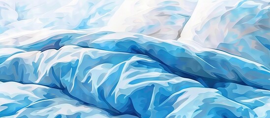 Poster - A closeup of an electric blue comforter and matching pillows on a bed, resembling the color of water. The vibrant shade adds an artful touch to the rooms decor