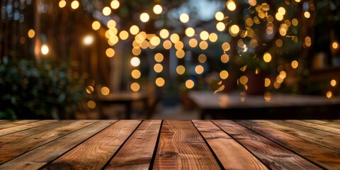 Wall Mural - An empty wooden tabletop against a blurred background of string lights and a dark wood fence.