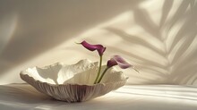 A Photo Of An Elegant Minimalist Arrengement With One Calla Lily And Two Purple Buds On Top, 