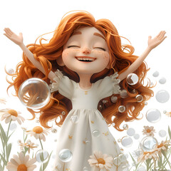 Canvas Print - A 3D animated cartoon render of a happy mother surrounded by bubble-filled air.