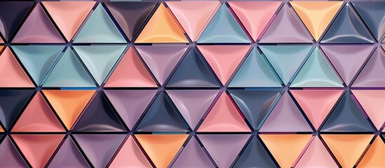 Poster - A closeup shot of a vibrant triangle pattern on a wall featuring shades of pink, magenta, and violet. The symmetry and colorful design create a stunning art piece on the material property