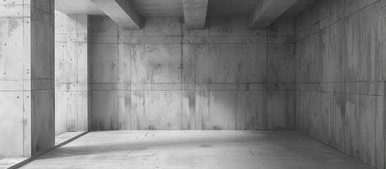 Poster - A monochrome photo showing an empty concrete room with columns, windows, and a wooden floor. The tints and shades create a sense of darkness and mystery