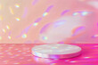 © oksa_studio - White circular pedestal with colorful holographic reflections on pink background and copy space. Presentation platform design. Product showcase concept. High quality photo