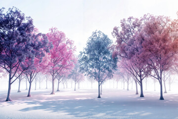 Aufkleber - Misty forest with colorful trees in a dreamy pastel winter landscape. Tranquil nature background for relaxation or design inspiration. High quality photo