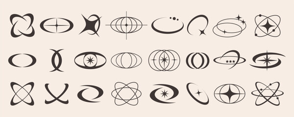 Wall Mural - modern techno 90s planet element design set, cyber geometry globe symbol graphic, futuristic psyched