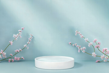 Aufkleber - White podium with cherry blossoms on a blue background. Minimalist display for product presentation. Spring concept with natural elements and copy space for text. High quality photo