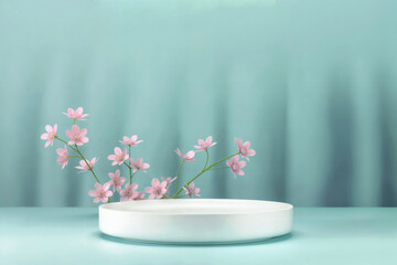 Poster - White podium and pink flowers on blue background. Elegant minimal presentation platform with floral decoration. Serene spring concept with copy space for design and display. High quality photo