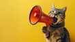 A cat is holding an orange megaphone and making a loud noise. The image has a playful and humorous mood, as the cat is pretending to be a human using a megaphone