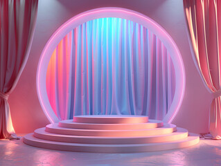 A stage podium with pink velvet curtains, some illuminated by a spotlight. Generative ai