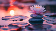 © Bank-adtapon - Lotus flower on stacked stones in tranquil water at sunset. Zen and meditation concept. Suitable for wellness retreats, spa advertisements, or relaxation themed,  generative ai