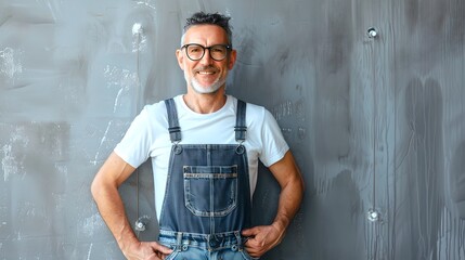 Poster - Confident smiling man in denim apron standing against a gray wall. Portrait of happy, casual style, mature artisan with glasses. Friendly craftsman in studio setting. AI