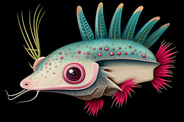 A colorful fish with a pink tail and blue fins
