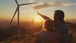 Man and child witnessing the beauty of renewable energy at sunset. Wind turbines stand tall. A moment of eco-awareness and family bonding. Clean energy concept. AI