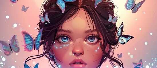 Poster - An art piece depicting a happy girl with black hair adorned with butterflies. Her violet cheek, eyebrow, eye, and eyelash make her radiant. The mouth and jaw show a content expression