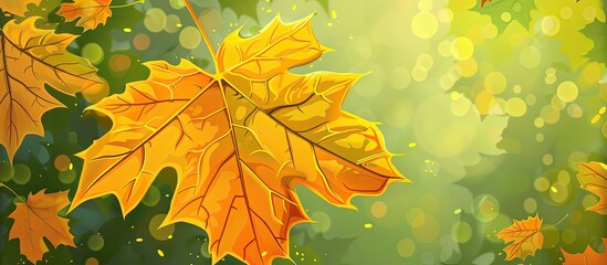 Poster - Close up of a vibrant yellow maple leaf on a deciduous tree, surrounded by terrestrial plants and grass. The tints and shades of the leaf stand out against the natural landscape