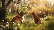 Serene Dog and Cat Companionship in a Lush Garden. Pets Enjoying Spring Blooms. Peaceful Animal Friendship Outdoors. Perfect for Nature Themes. AI