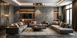 Livingroom or business lounge in deep dark colors. Combination of beige brown and gray. Empty wall mockup - microcement background and rich furniture. Premium interior design reception room. 3d render