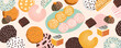 Trendy pattern with Traditional arabic Eid al Adha, Eid al Fitr sweets, cookies, cakes, candies, bakery in pastel colors on light background. Muslim holiday sweets