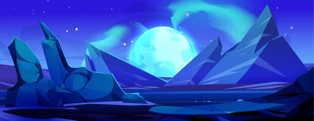 Poster - alien planet landscape with rock mountains and big glow celestial body in sky with light or haze. ca