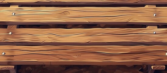 Poster - A detailed shot of a brown hardwood bench with nails embedded in the wood. The bench is made of plywood planks, a common building material for furniture and flooring