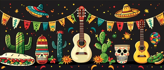 traditional mexican symbols: chili, sugar skull, taco and others. illustrations for posters, banners