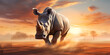 Produtizeone A rhinoceros attacking in the savanna fantastical adventure endangered with blurred background
