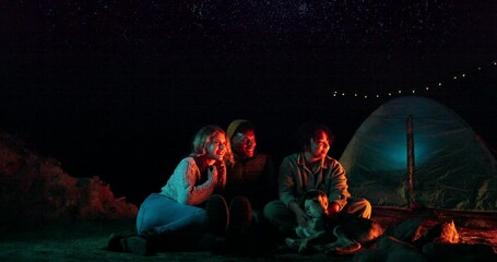 Poster - Friends, talking and happy or camping at night with dog, holiday adventure and cozy by bonfire in nature. Group, people and conversation by campfire with animal for outdoor vacation or travel getaway