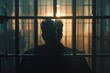 Prisoner Silhouette Behind Bars With One Bar Visible Jail Cell Scene Photo.