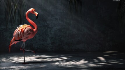 Wall Mural - A vibrant flamingo stands in a shadowy ambiance, illuminated by shafts of light.